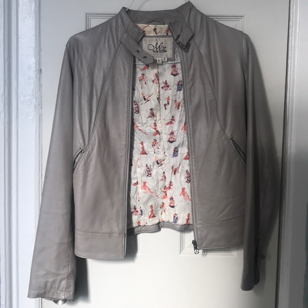 Genuine band collar leather jacket.